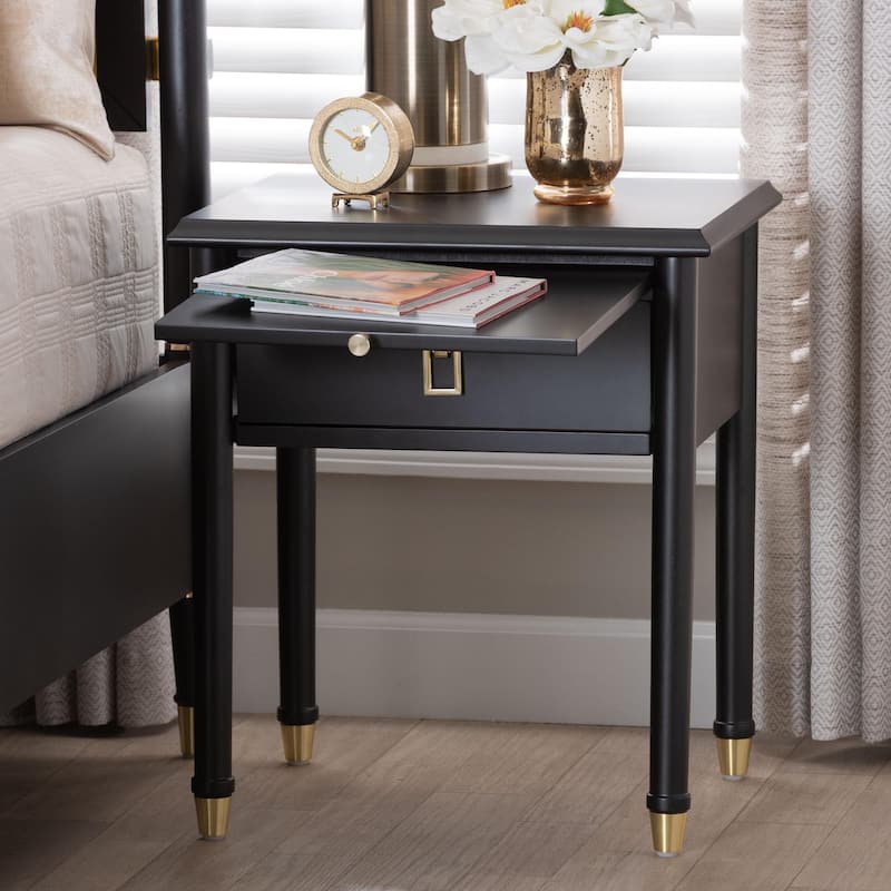 Tamra Black Wood Nightstand with Pullout Shelf - Modern Transitional Bedside Table with Metallic Accents