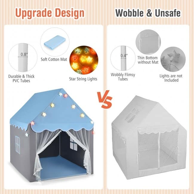 Kids Playhouse Tent with Star Lights and Mat-Blue - 41.5" x 48" x 53.5" (L x W x H)