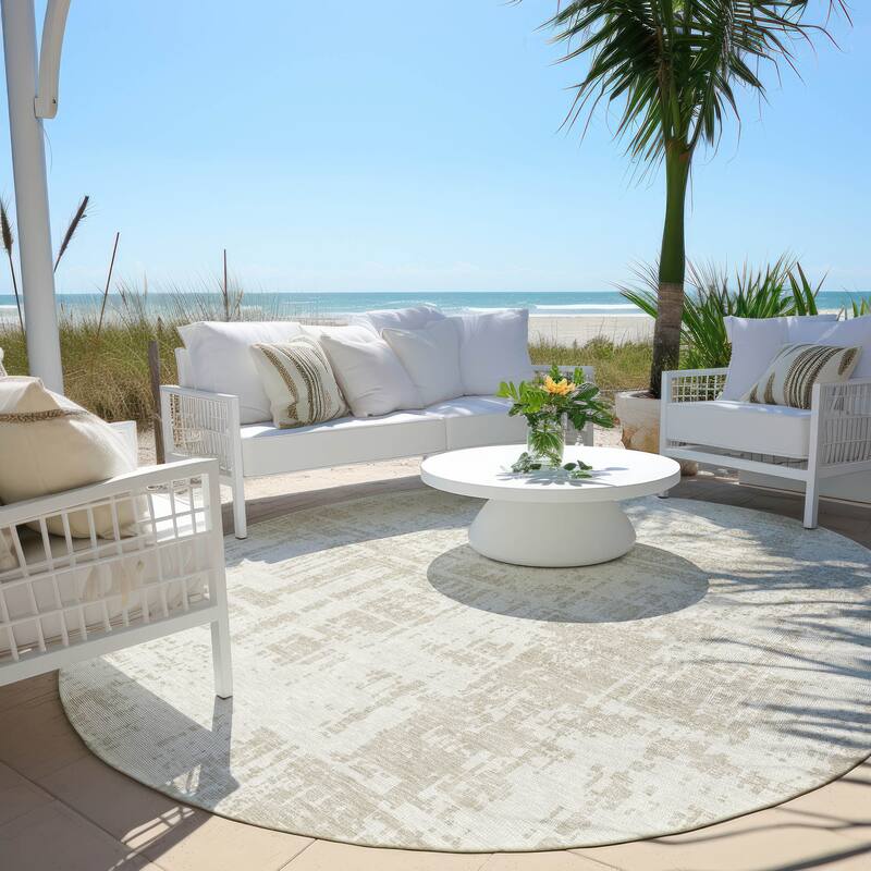 Machine Washable Indoor/ Outdoor Chantille Abstract Solid Rug - Ivory - 8' x 8'