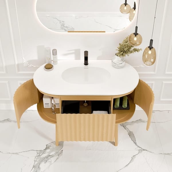 Eviva Iris 35 in. W. x 22 in. D x 33.5 in. H Oak Freestanding Bathroom Vanity with White Solid Surface Integrated Sink Top