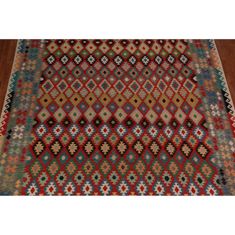 Geometric Multi-Color Kilim Oriental Large Rug Flatweave Wool Carpet - 10'0"x 16'1"