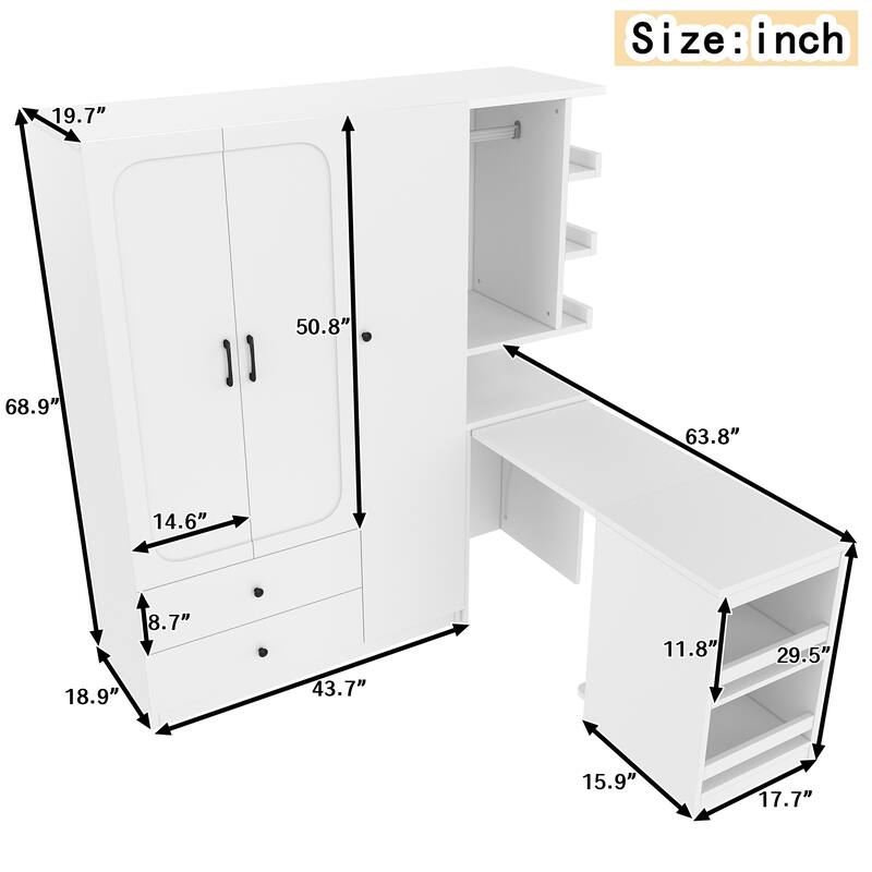 2-Door Wardrobe with Convertible Desk, Multiple Drawers & Hanging Storage