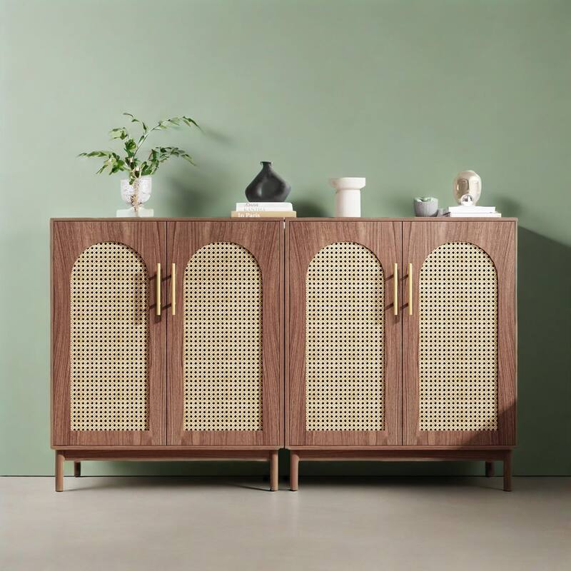 Handcrafted Rattan Storage Cabinet with Solid Wood Legs Multi-Purpose Sideboard Buffet for Kitchen Dining Living Room