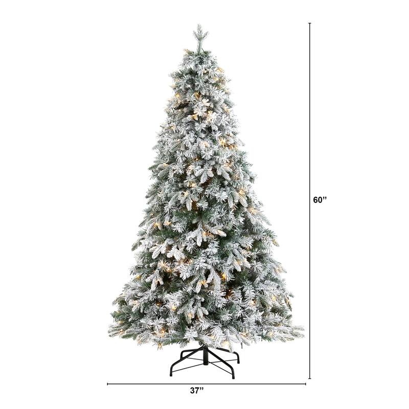5ft Flocked Christmas Tree with Lights, Artificial Pine Tree, Holiday Decor, Realistic Holiday Tree - White - 60