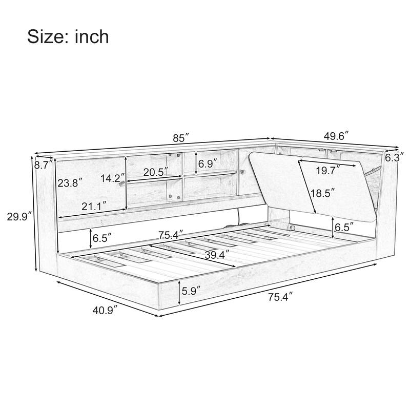 L-shaped Daybed Wooden Corner Sofa Bed Frame with Sliding Doors Bookcase Captains Bed, Upholstered Headboard Built-in Storage