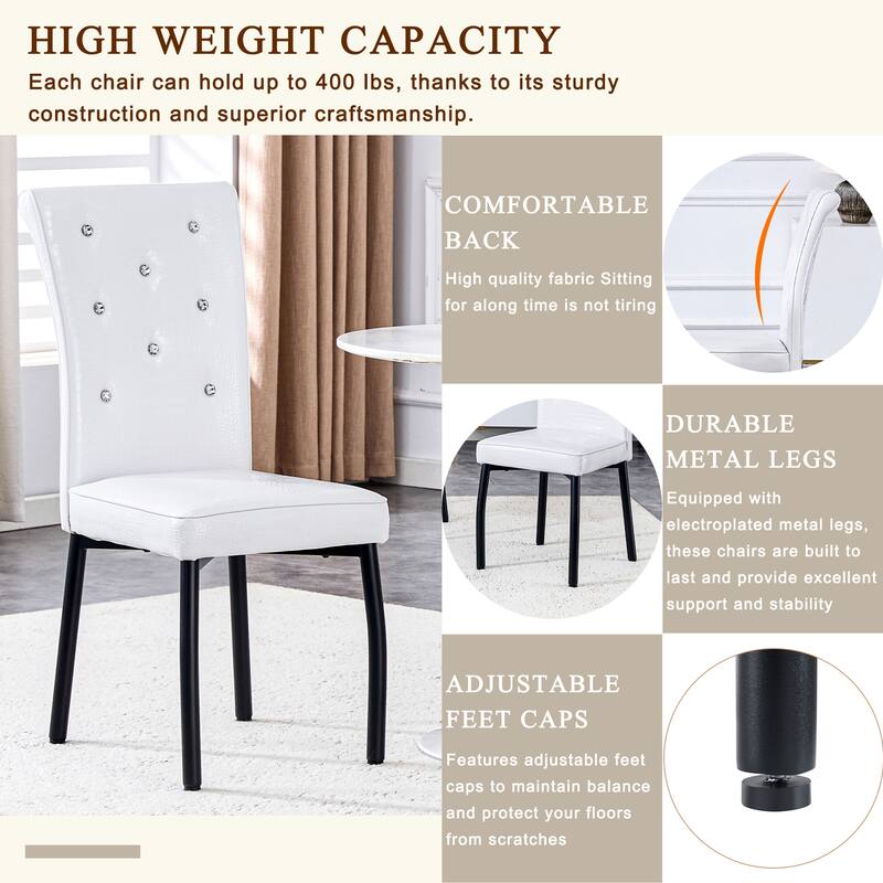 A set of 4 white and black vintage crocodile leather cushioned dining chairs, featuring crystal clasp design and leather