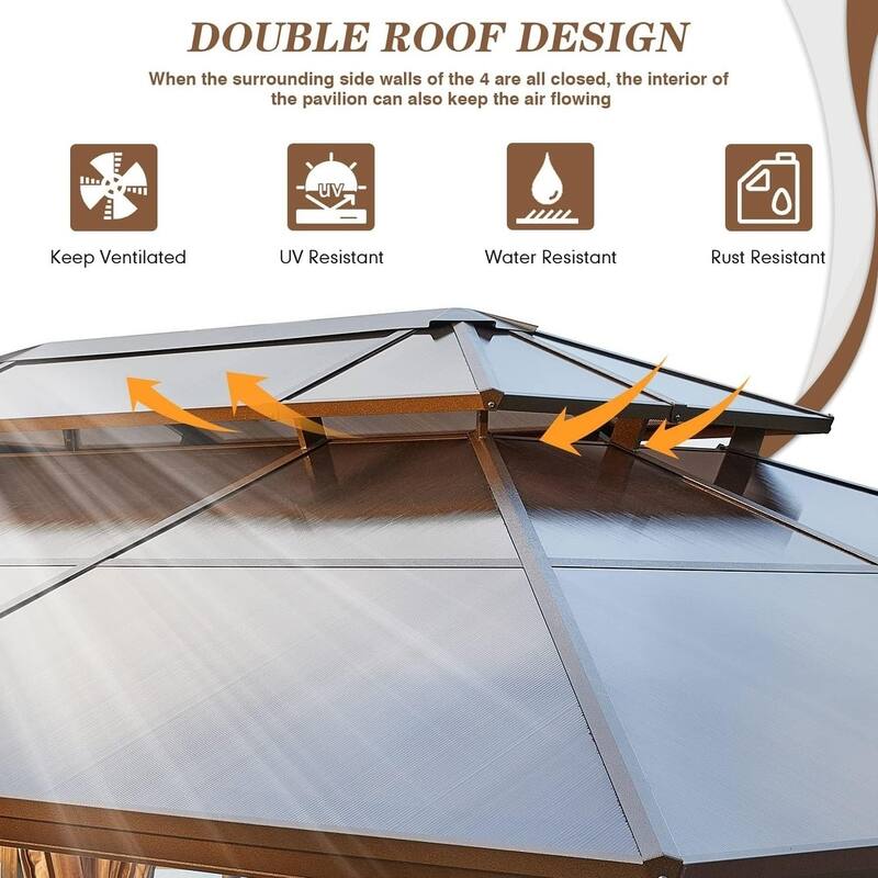 Outdoor Hardtop Gazebo for patio,Polyester Double Roof Canopy, Permanent Pavilion with Aluminum Frame,Curtains & Netting