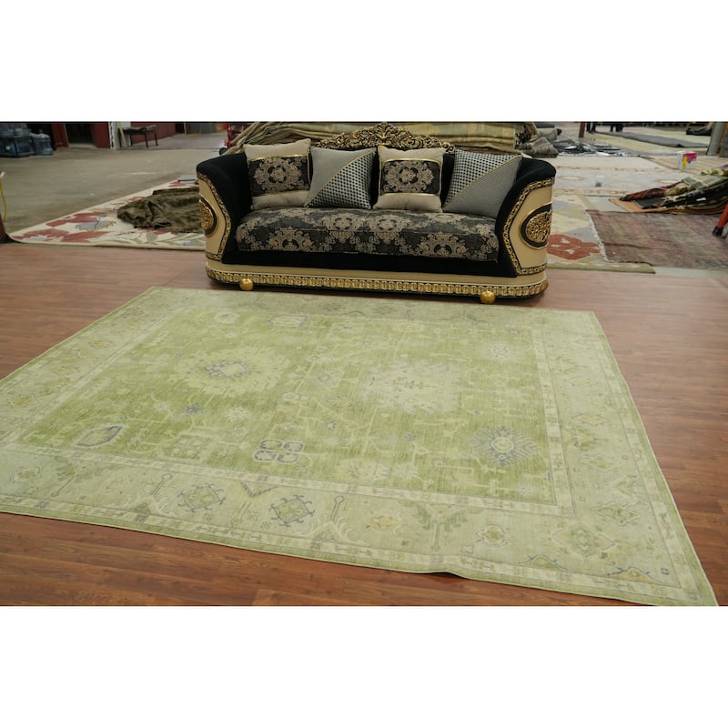 Handmade Green Oushak Vegetable Dye Area Rug, Floral Geometric Carpet - 10' 2'' X 7' 11''
