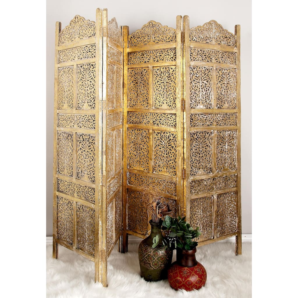 Gold Wooden Handmade Foldable Partition 4 Panel Floral Partition Room Divider Screen with Carved Designs