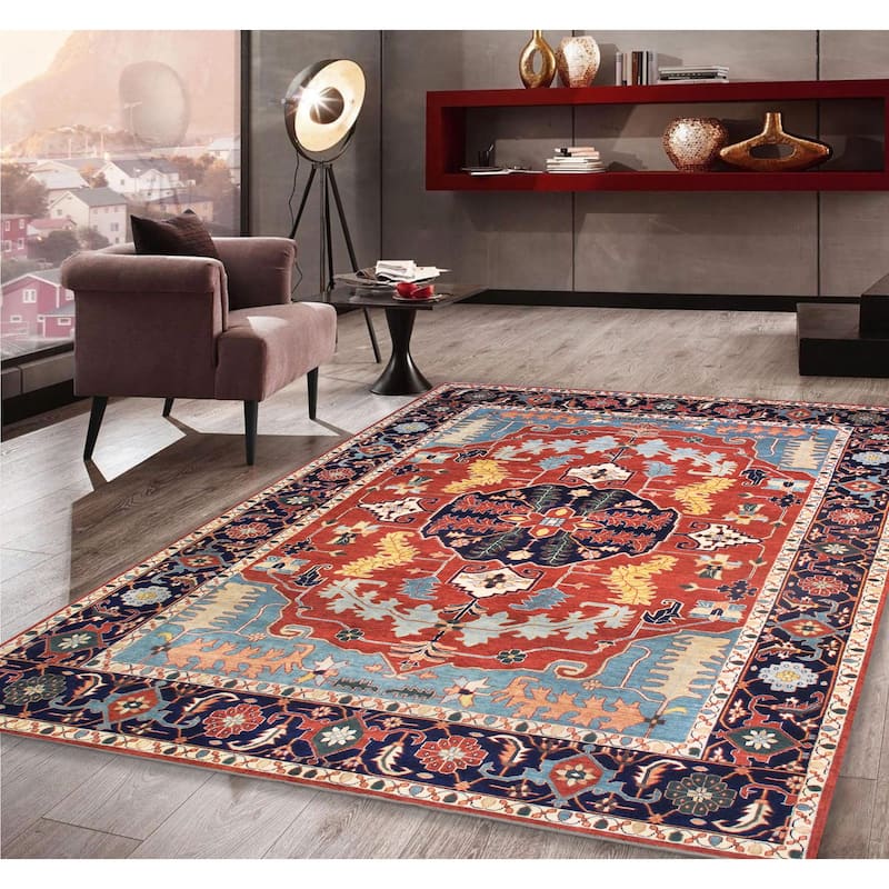 Pasargad Home Serapi Hand-Knotted Rust/Navy Wool Area Rug