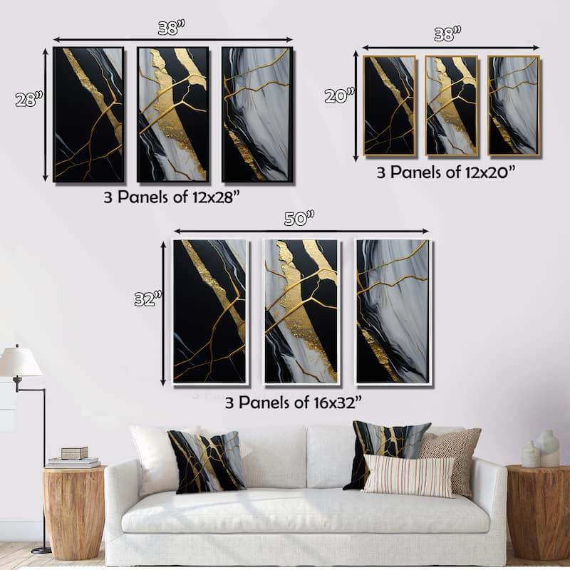 Designart "Abstract Geode Black II" Abstract Marble Framed Canvas Art Print - 3 Panels
