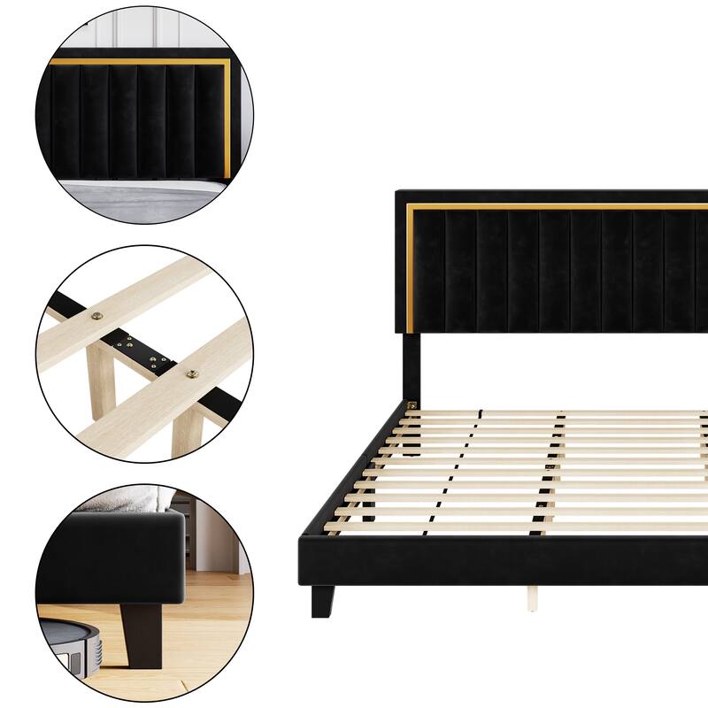 Velvet Upholstered Platform Bed with Adjustable Tufted Headboard On