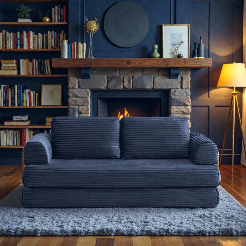 Convertible Sofa Bed Futon, Corduroy Folding Floor Couch with Pillows, Boneless Sleeper Mattress for Living Room