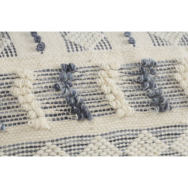 Comfortable 18" Pouf Ottoman Blue Striped Wool Upholstered Floor Cushion with Removable Cover