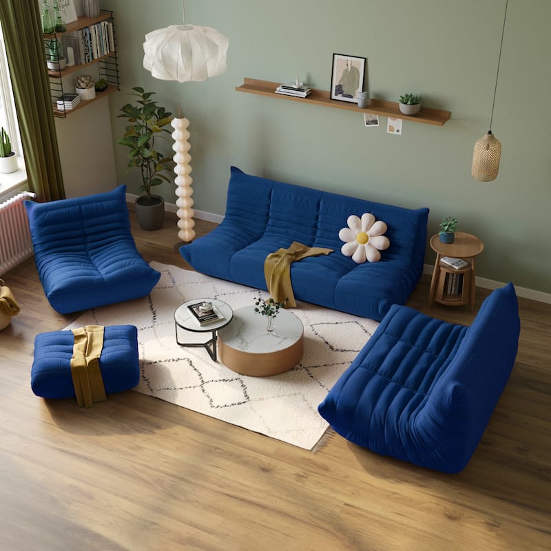 Teddy Velvet Sofa Bean Bag Couch Sets - Blue
