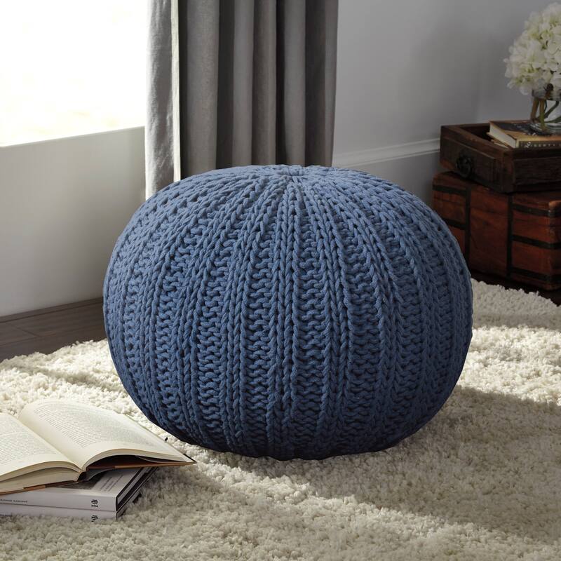 LR Home Sutton Hand-knitted Cable Cotton Pouf Ottoman