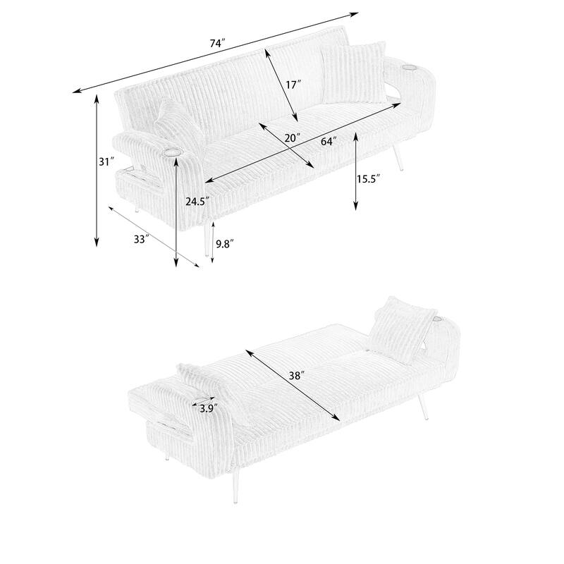 Black Corduroy Sofa for Living Room and Study with Throw Pillows