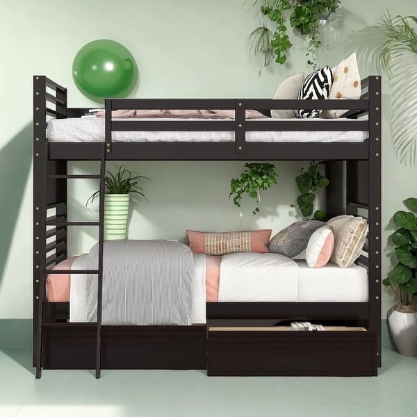 slide 2 of 20, Elegant Twin over Twin Wood Bunk Bed with Built-in Ladder and 2 Drawers, Maximized Space, Solid Construction, Espresso Espresso