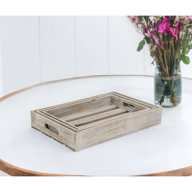 HomeRoots 19" Gray Rectangular Wood Handmade Tray With Handles - Gray