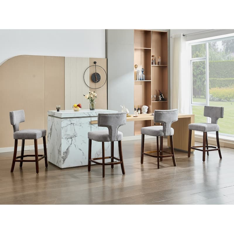 Counter Height Bar Stools Set of 2, Farmhouse Linen Fabric Upholstered Accent Chair Curved Backrest with Copper Nails around