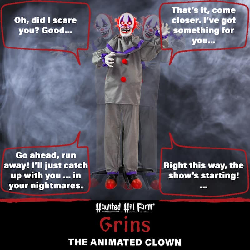 Haunted Hill Farm Life-Size Animatronic Clown with Lights and Sound, Indoor/Covered Outdoor Halloween Decoration