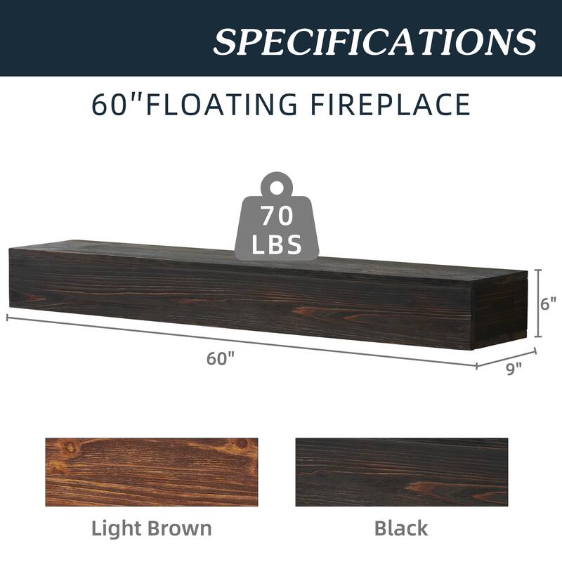 Modern Rustic Wood Fireplace Mantel, Wall-Mounted and Floating Shelf