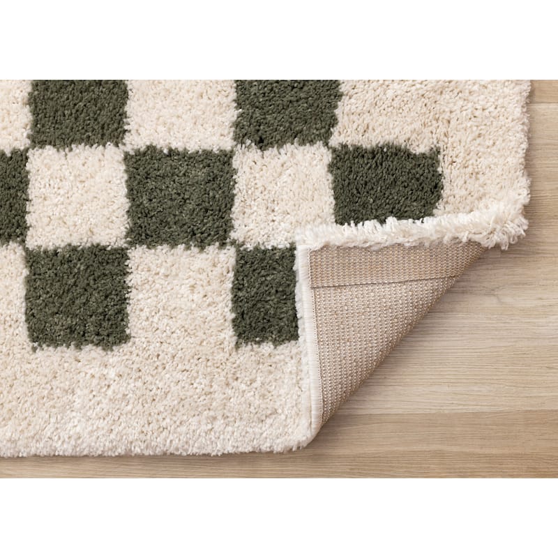 Cream Green Soft Shag Checkerboard Area Rug, 5'3" x 7'7"