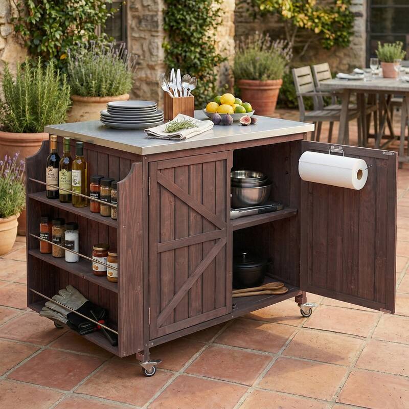 42.1" Outdoor Kitchen Island with Side Shelf, Stainless Steel Top, Adjustable Shelf & 4 Wheels - Dark Brown