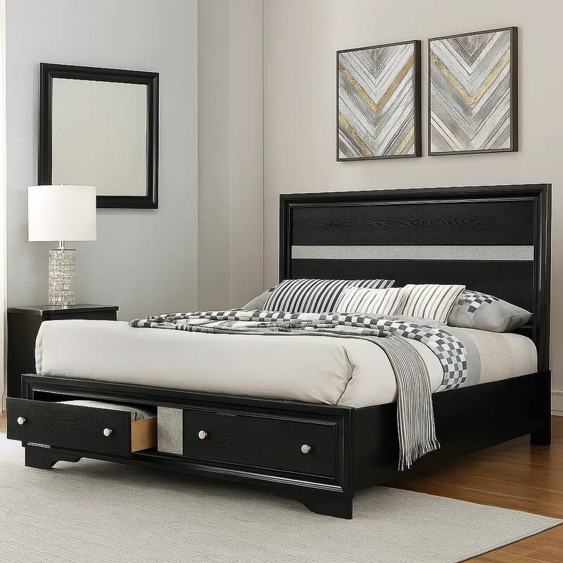 Cevy Queen Size Bed, Footboard Drawers, Black Wood w Glitter Accents