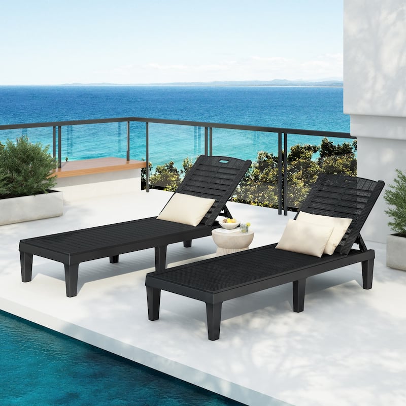 2-Piece Outdoor Resin Chaise Lounges Chairs with Adjustable Backrest - Black