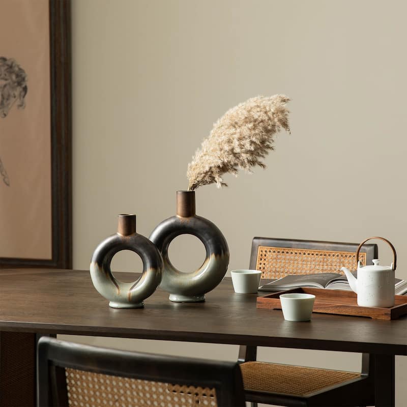 Glitzhome Retro Two-tone Color with Circle Hollow Ceramic Table Vases (Set of 2)