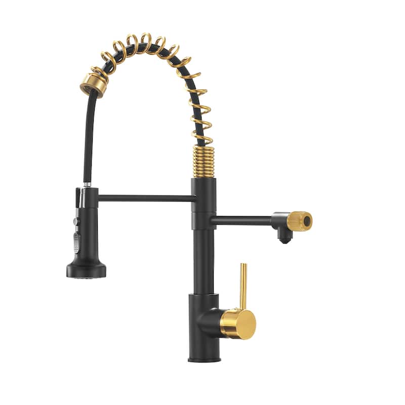 Single Handle Commercial Kitchen Sink Faucet With Pull Down Sprayer Modern Spring Single Hole Basin Taps - Brushed Gold & Matte Black
