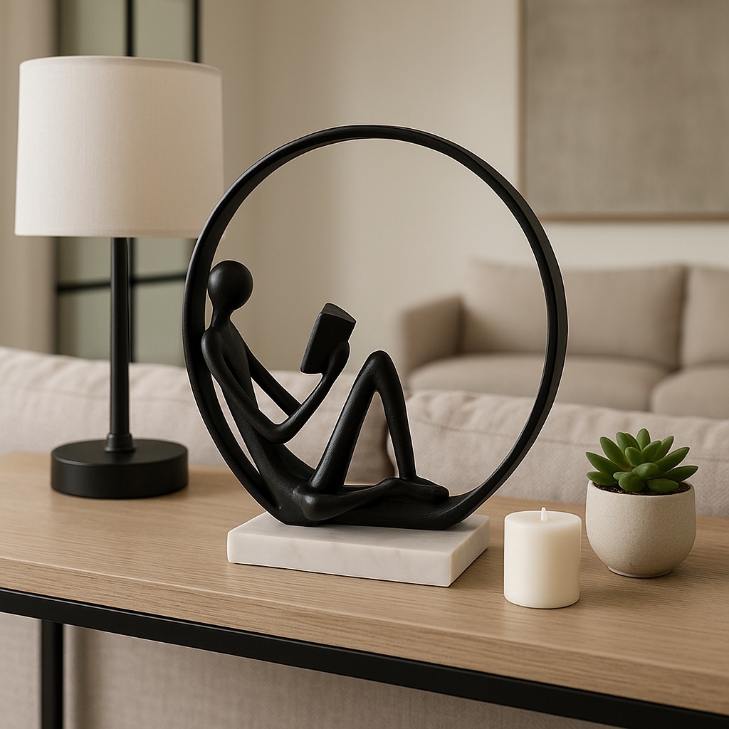 Metal Marble Sculpture Human Figure in Circular Frame - 11" Black - 9.75" x 4.75" x 11"