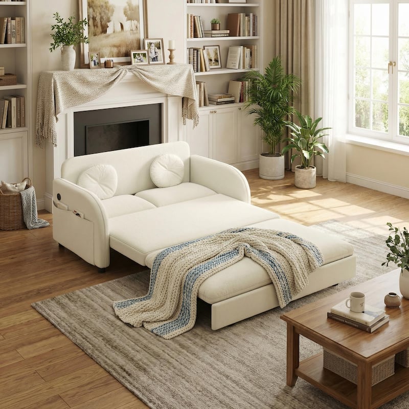 Homy Casa 3-in-1 Convertible Sleeper Sofa Bed, Pull-Out Couch w/ USB, Side Pocket & 4 Pillows, Chenille, 2/3/4-Seat - 2 Beige - 2 Beige