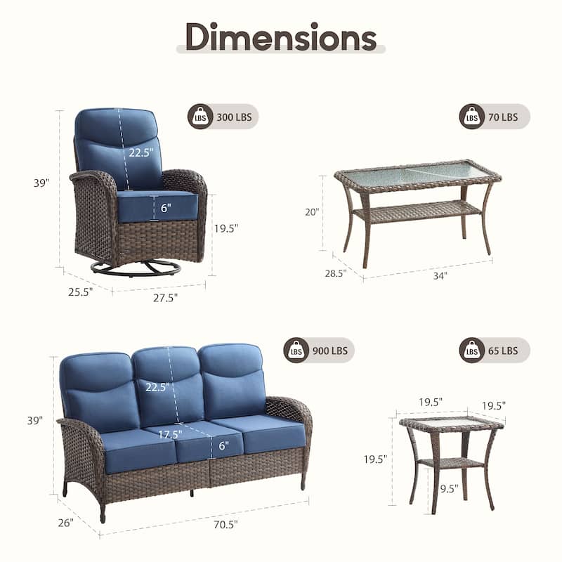 Meyreso 5-Piece Wicker Patio Conversation Set with Swivel Gliders and 6-Inch Thick Olefin Cushions