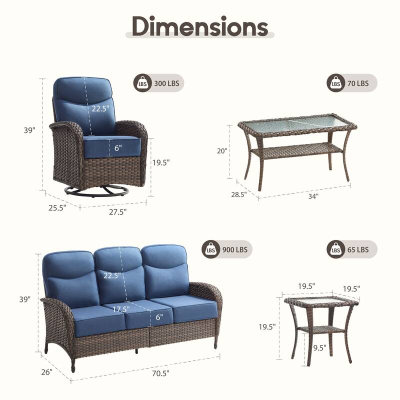 Luna 8-Piece Wicker Patio Conversation Set with Swivel Gliders and 6-Inch Thick Olefin Cushions