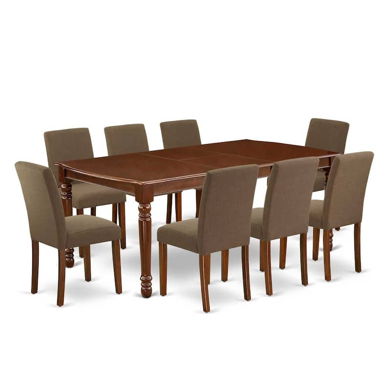 Rectangle Dining Table Set 9pc - 60x78 Inch Table w/ Leaf & 8 Parsons Chairs - Linen Fabric & Mahogany Legs