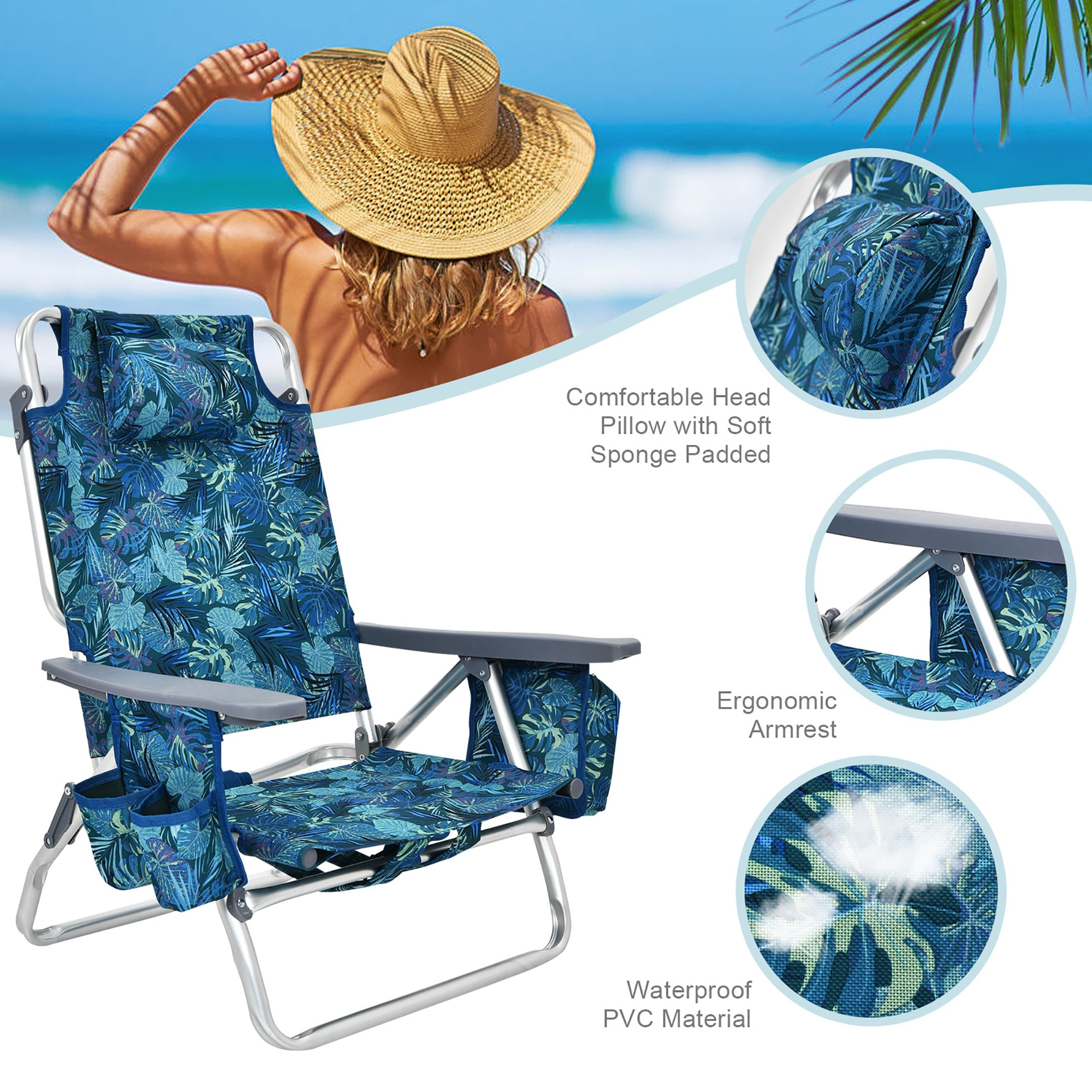 Tri Fold Portable Lounge Chairs For Beach Teal Padded Deck Chair