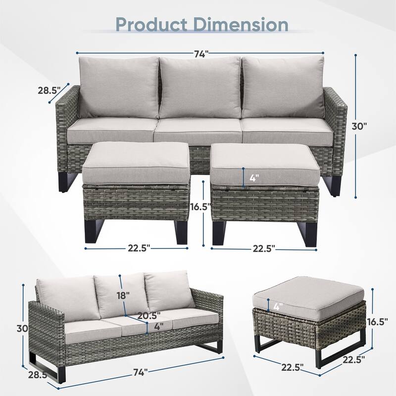 3 Pieces Patio Sofa with Ottoman Furniture