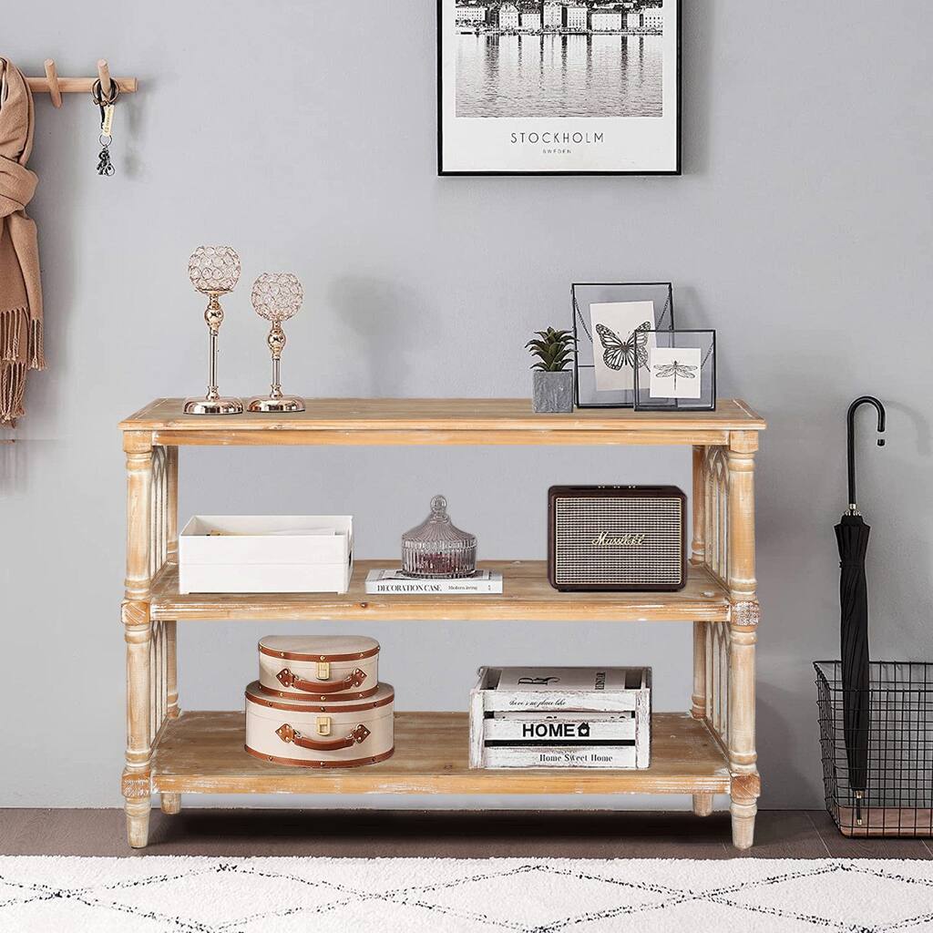 Rustic 3 - Tier Console Table with Gothic - Inspired Details, 47.24" Long Wooden Entryway Table for Living Room and Hallway