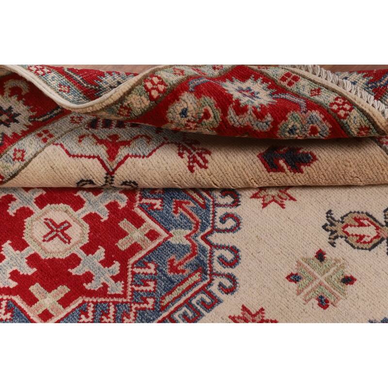 Geometric Beige Kazak Foyer Rug Hand-Knotted Wool Carpet - 3'5" x 5'0"