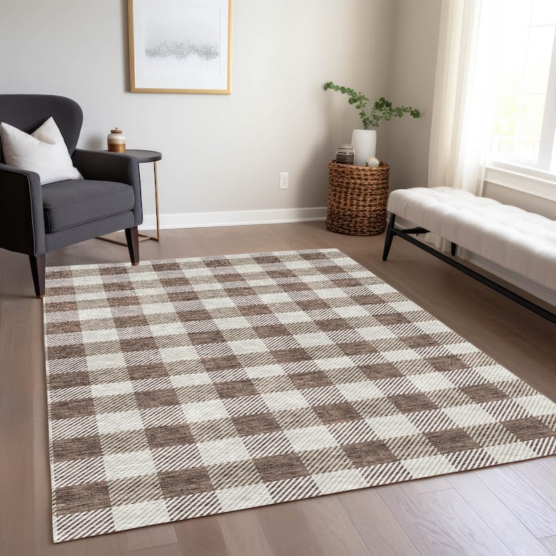 Machine Washable Indoor/ Outdoor Chantille Plaid Stripe Rug