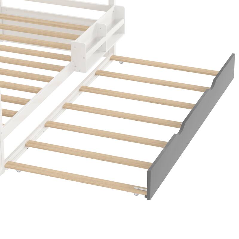 Multifunctional Twin Size Wood Platform Bed with Bookshelf, Wardrobe, and Trundle, White