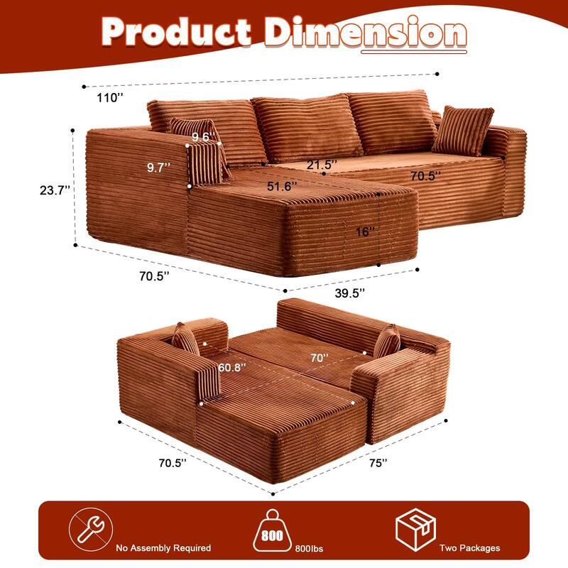 Boneless L-shaped Sectional Sofa with Chaise, Modular Sleeper Sofa Bed Corduroy Compression Deep Seat Sectional Couch