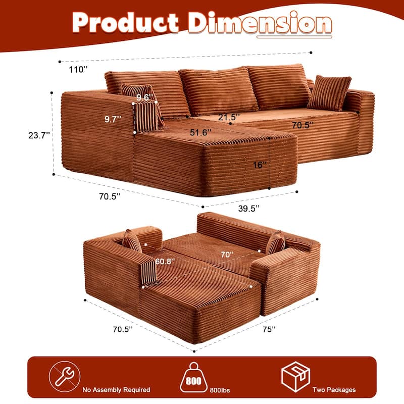 Modular L Shaped Sectional Sofa with Chaise Lounge, Corduroy Upholstered Boneless Sleeper Sofa, Compression Sofa with Deep Seat