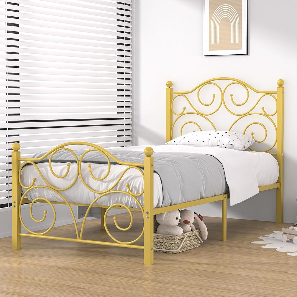 VECELO Metal Platform Bed Frame with Roman Column Floral Scrollwork Headboard No Box Spring Needed Twin/Full/Queen Size