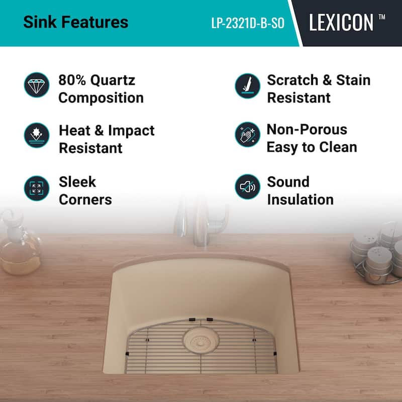 23 Inch Lexicon Platinum Quartz Composite Drop-in Undermount D-Shaped Single Bowl Galaxy Beige Kitchen Sink LP-2321D-B-SO