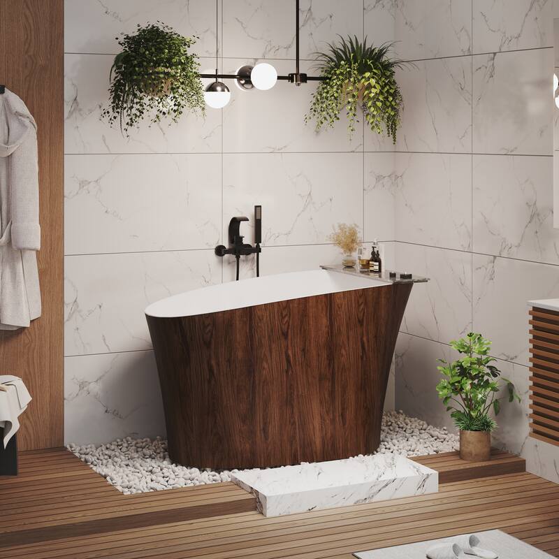 51 in. Solid Surface Freestanding Deep Soaking Bathtub with Built-In Seat, Right Drain, Matte White with Wood Grain Pattern