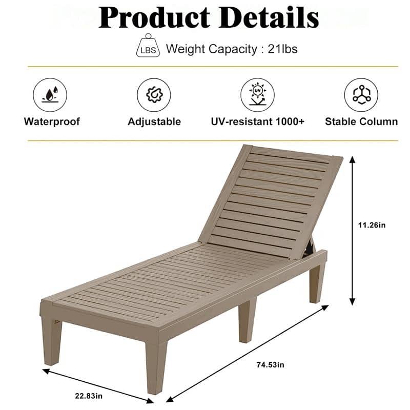 Adjustable 5-Position Reclining Sun Lounge Chair with Wood Texture Design - UV-Protected, Weatherproof Polypropylene Resin