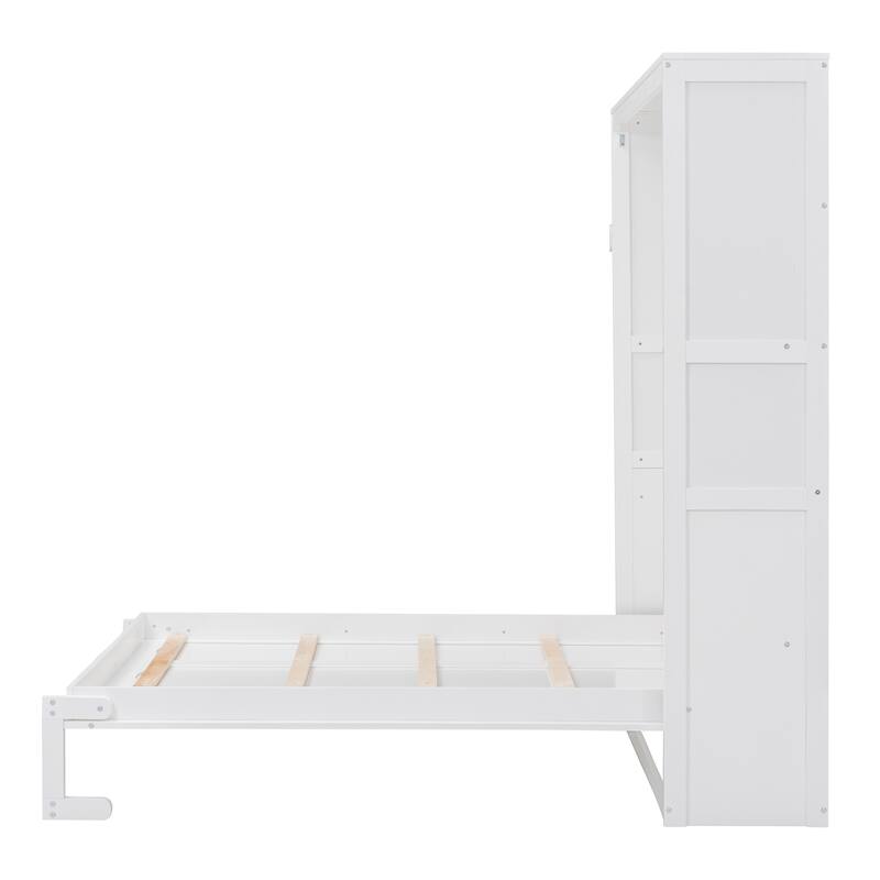 Roomfitters Full Size Murphy Bed with Shelves, Foldable Wall Bed with Storage Cabinet, White